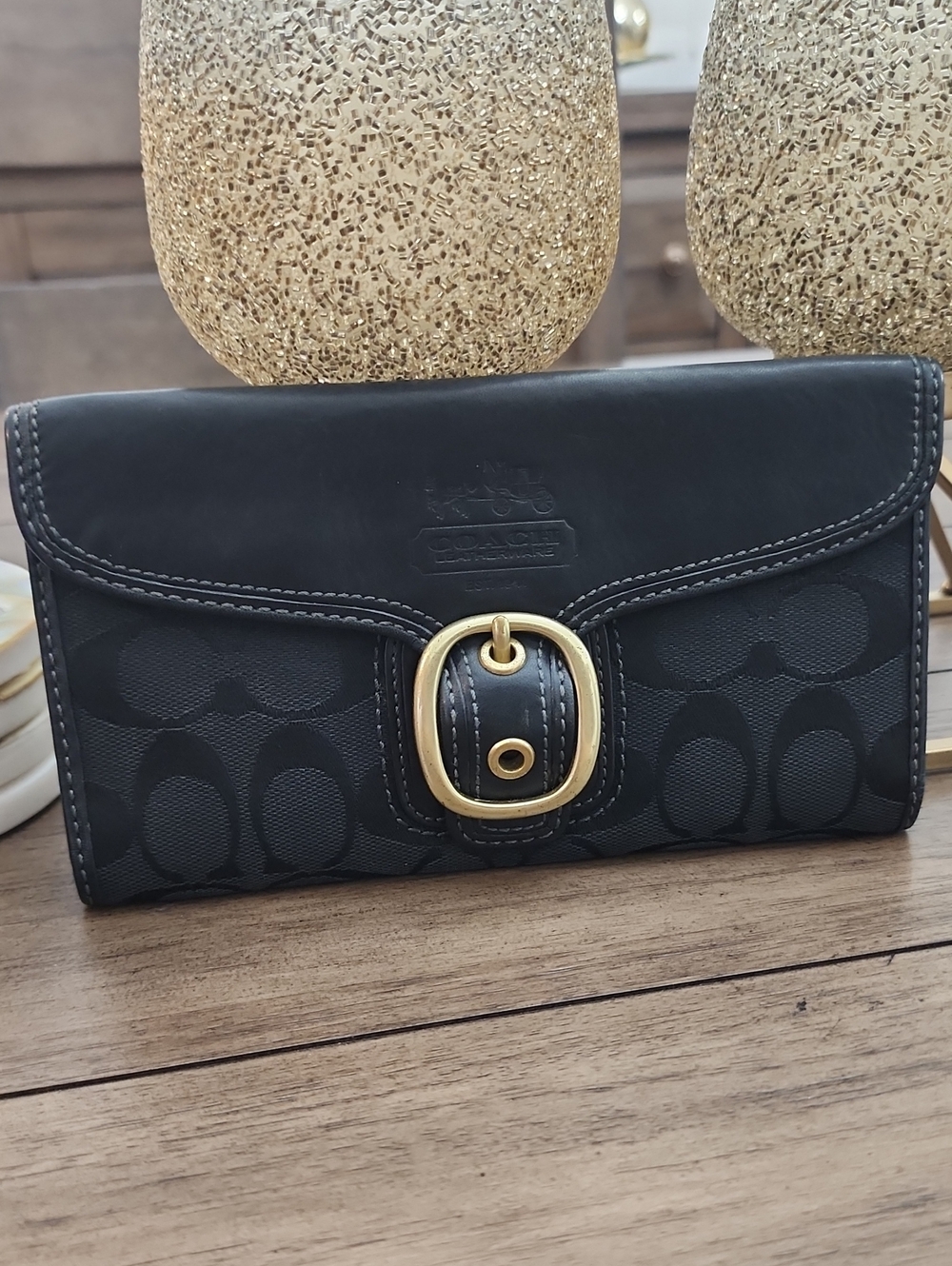 Coach Black Signature Canvas Wallet with Gold Buckle, Tattersall Lining-vintage